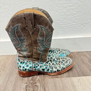 Roper Glitter Leopard Print Boots Kids Girls 3 Brown Blue Western Rodeo